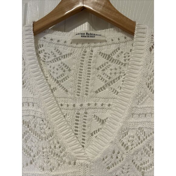 Amina Rubinacci White Crochet Knit V‎ Neck Long Sleeve Sweater Top XL Old Money - Picture 3 of 8